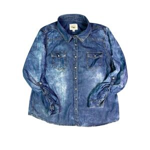 YMI Women's XL Acid Wash Long Sleeve Pearl Snap Denim Top